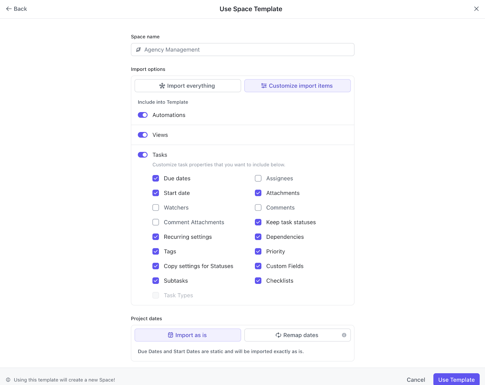 Importare gli elementi necessari utilizzando la funzionalità di importazione selettiva di ClickUp