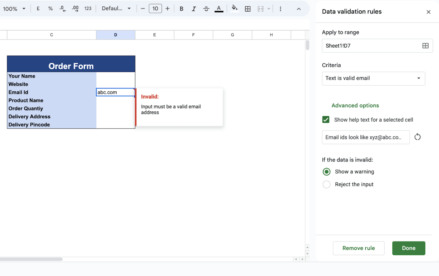 Data validation rules for text