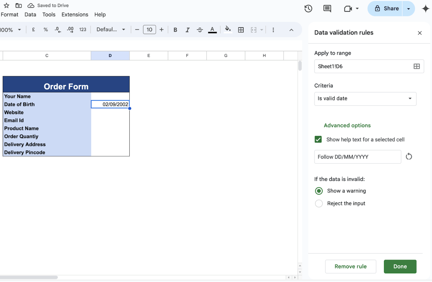 Date formatting rules for data validation