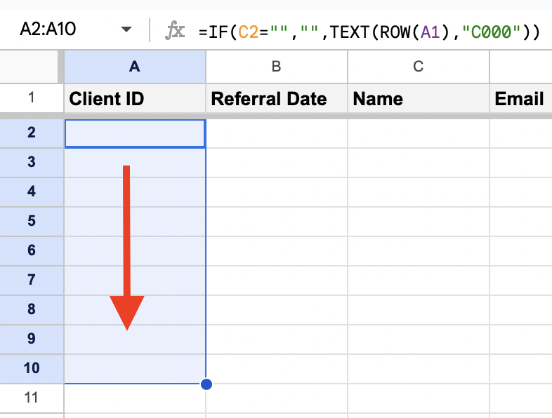 Seret rumus ke bawah untuk mencakup lebih banyak baris di spreadsheet crm Google Spreadsheet