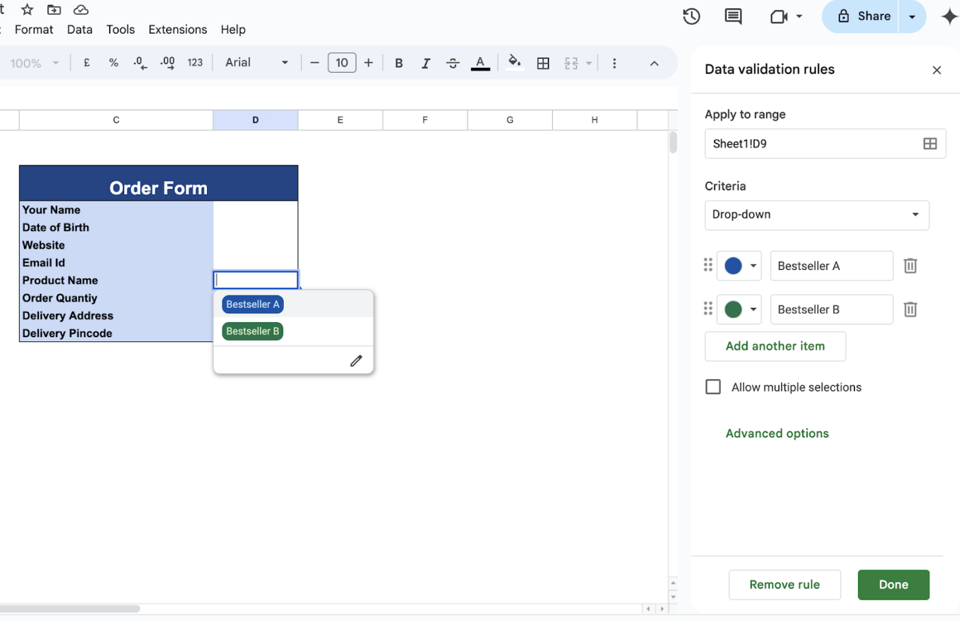 Drop-down in data validation