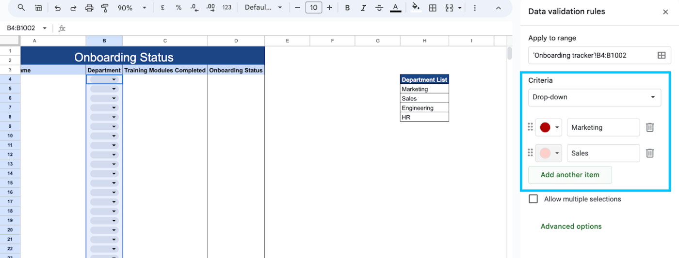 Lista desplegable para introducir manualmente las opciones de la lista