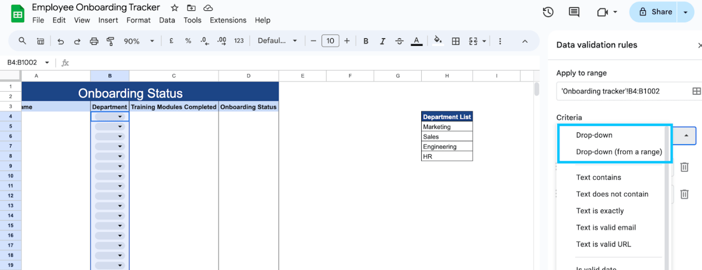 Criterios de la lista desplegable en la validación de datos