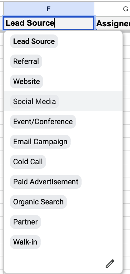 Menu tarik-turun di spreadsheet crm Google Spreadsheet