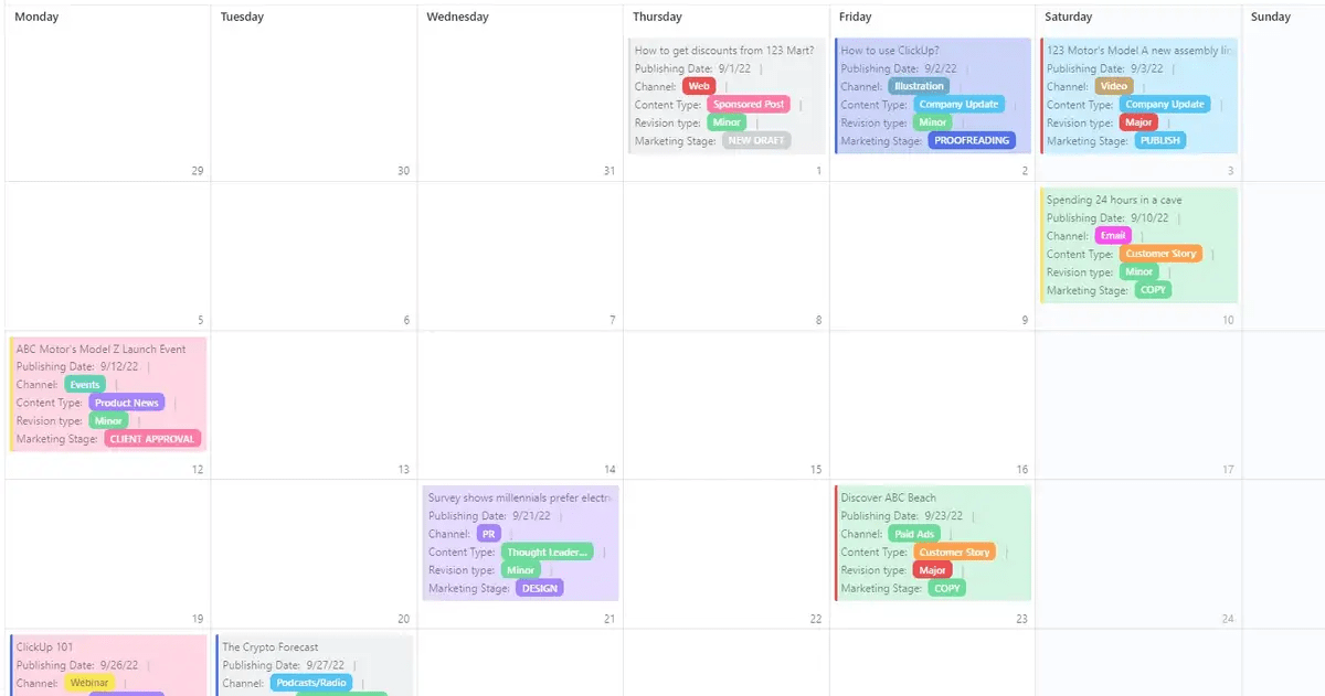 Get a quick overview of the content publishing process with ClickUp’s Editorial Calendar List Template