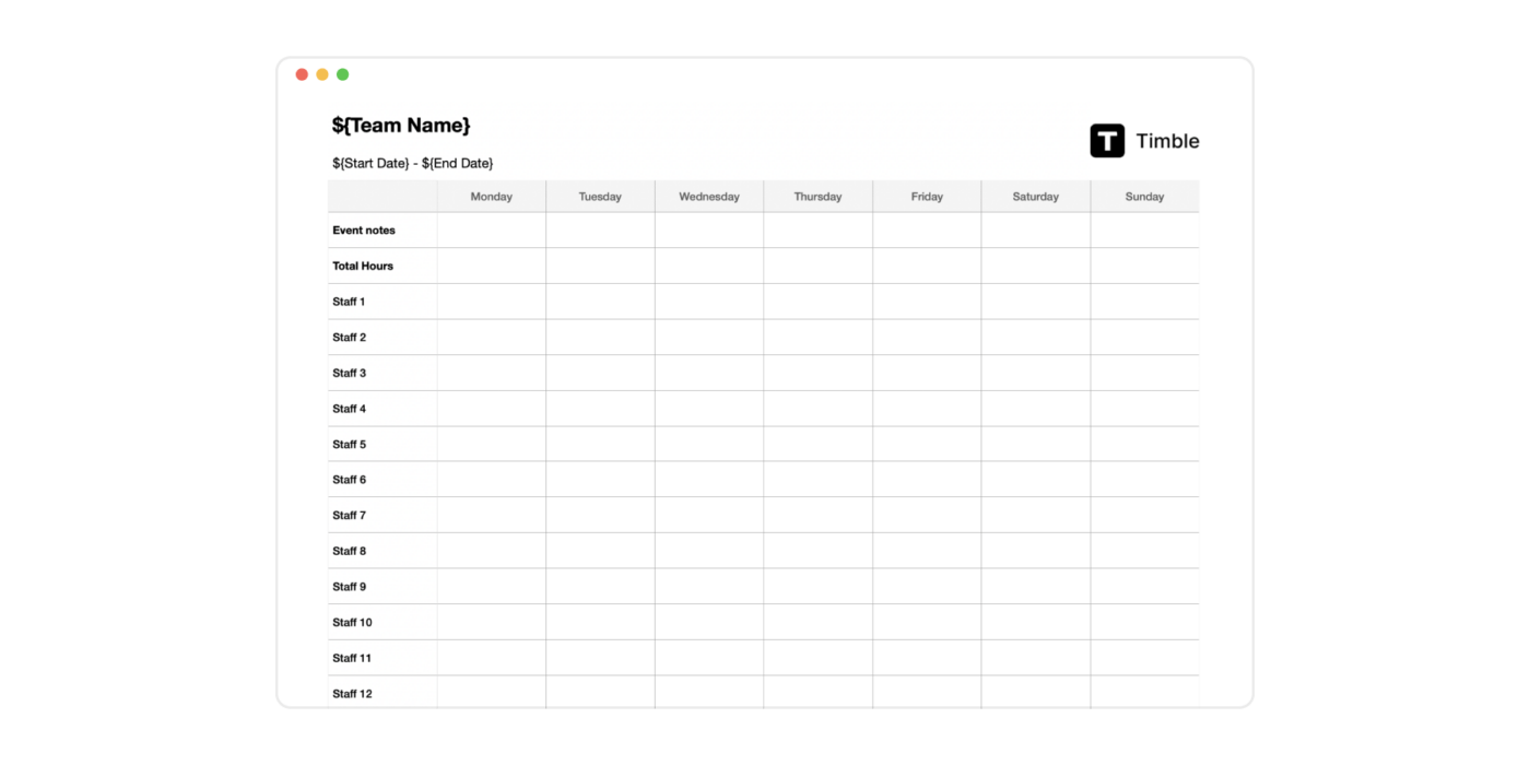 Excel Weekly Staff Roster Sjabloon van Timble