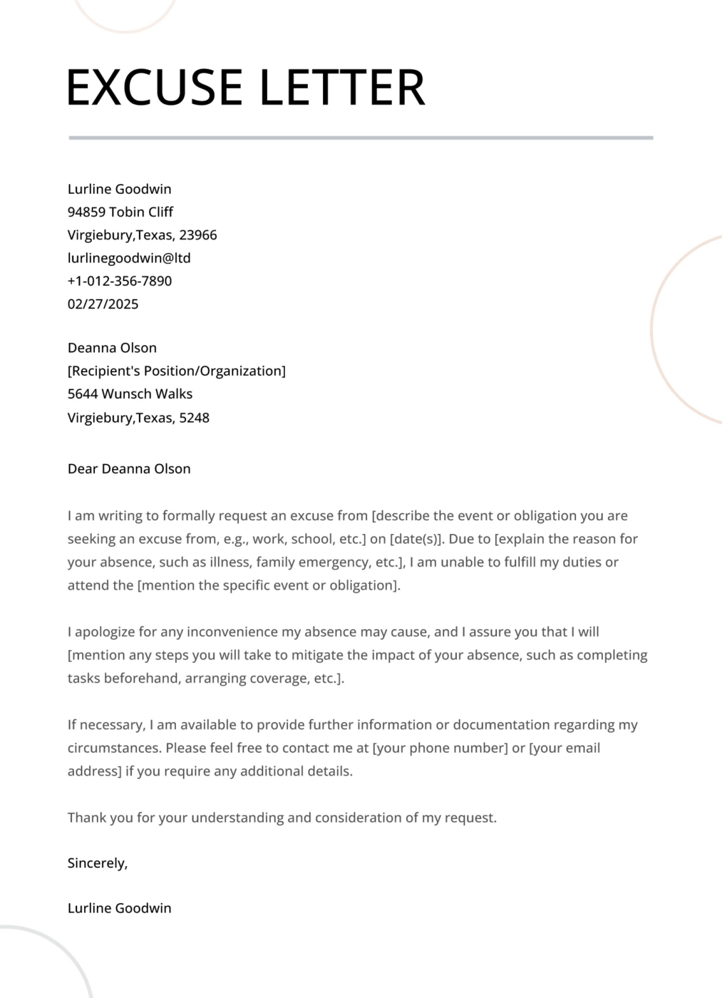 Excuse Letter Template by Google Docs