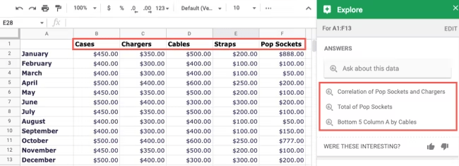 Funciones de Explorar: Hojas de cálculo de Google frente a Excel