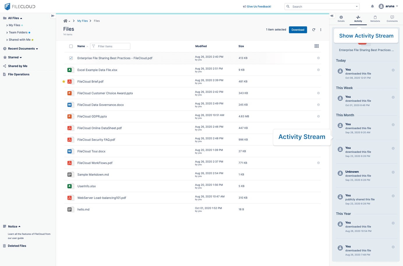 FileCloud 대시보드는 비즈니스 기업을 위한 보안 파일 공유를 제공합니다