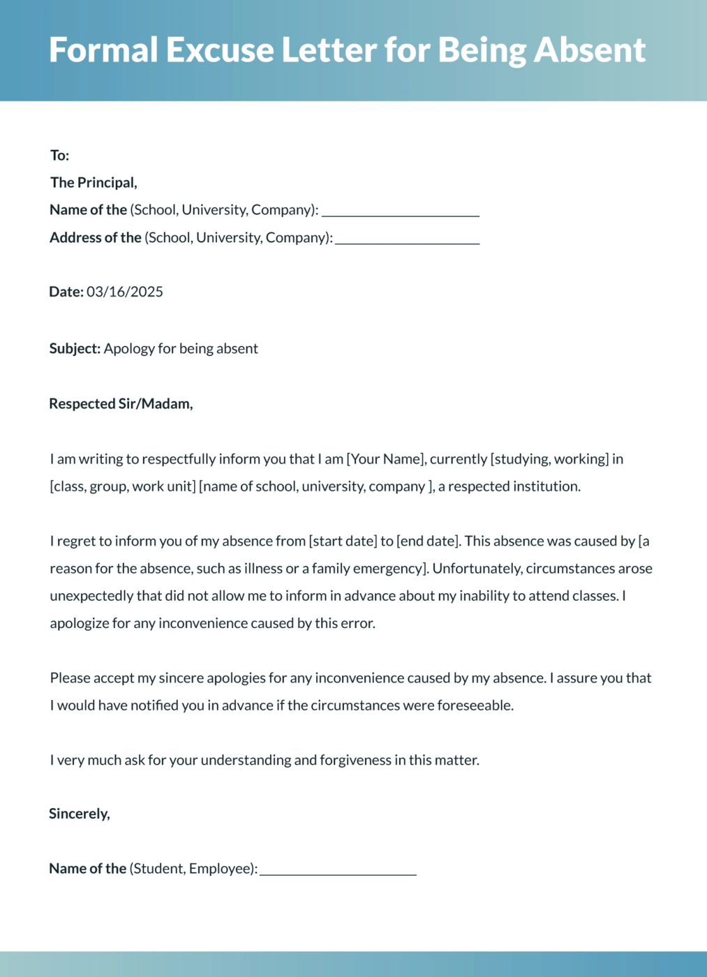 Formal Excuse Letter Template for Being Absent by Google Docs