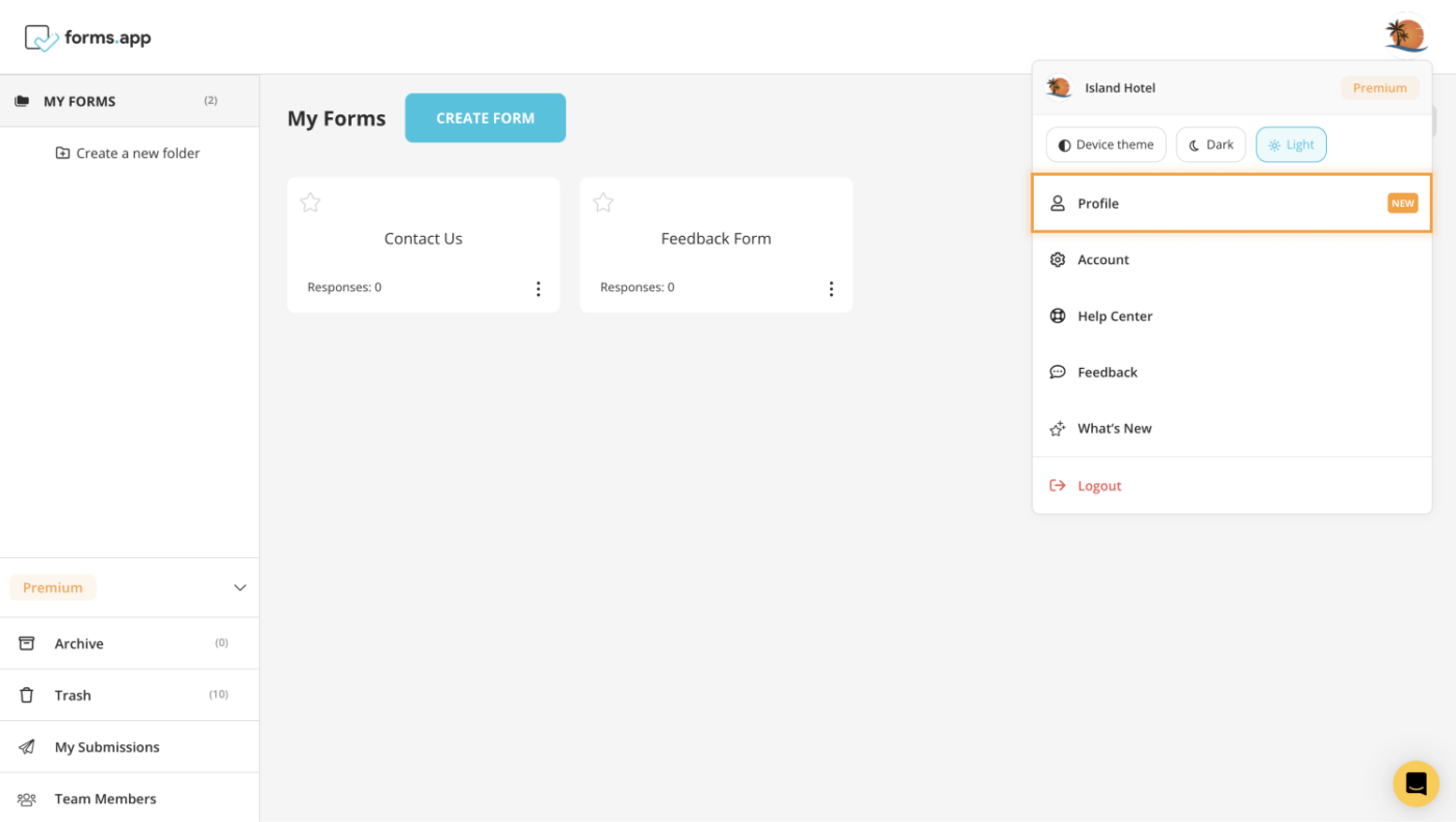 Painel de controle do Forms.app