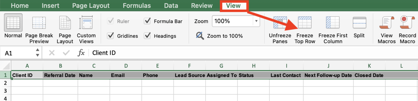 Excel crmスプレッドシートで行を凍結する