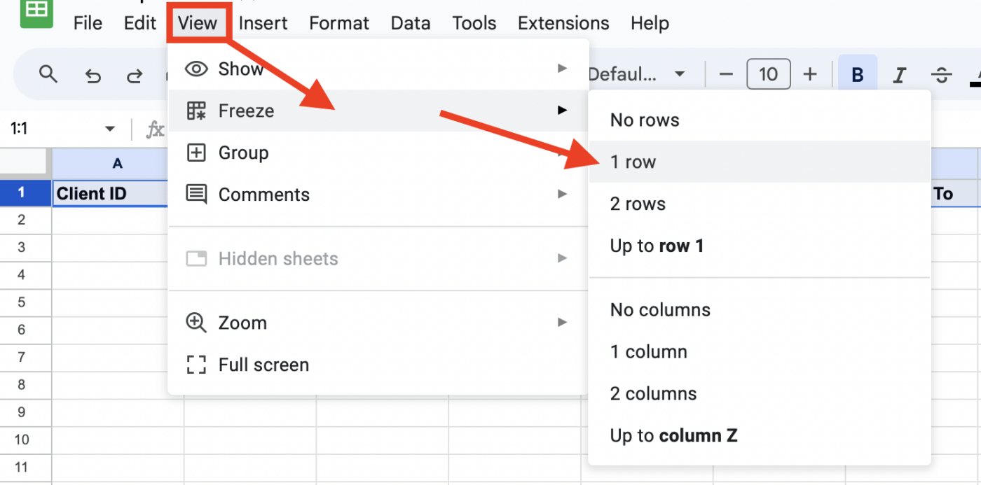 Rijen bevriezen in Google Spreadsheets crm-spreadsheet