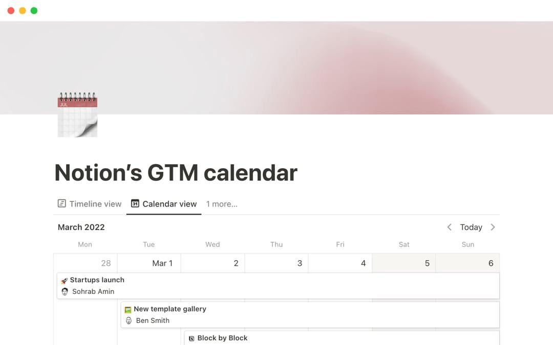 Modello di calendario GTM di Notion