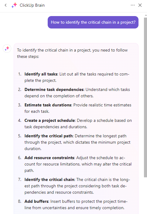 ClickUp Brain pour la gestion de la chaîne critique d'un projet