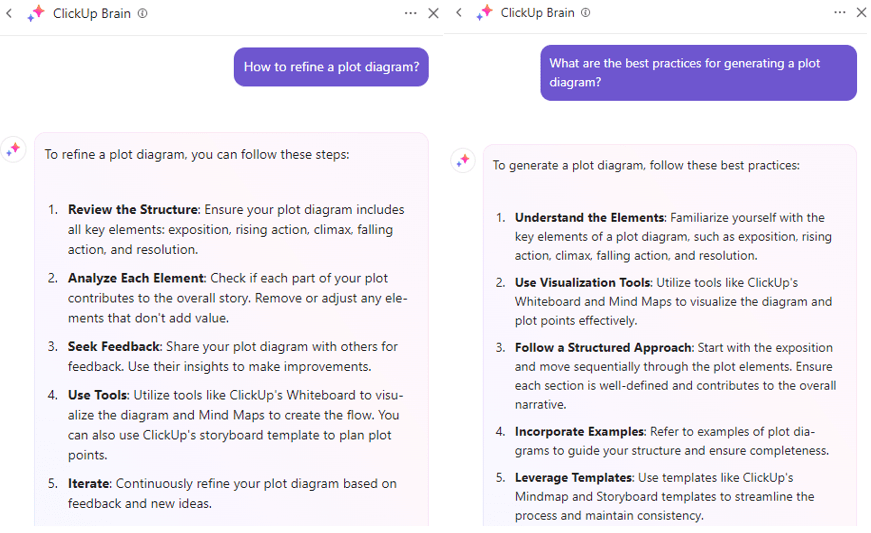 Obtenha insights sobre a criação de um diagrama de plotagem com o ClickUp Brain