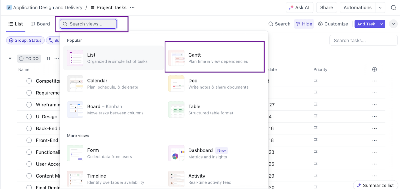 Gantt in Views on ClickUp