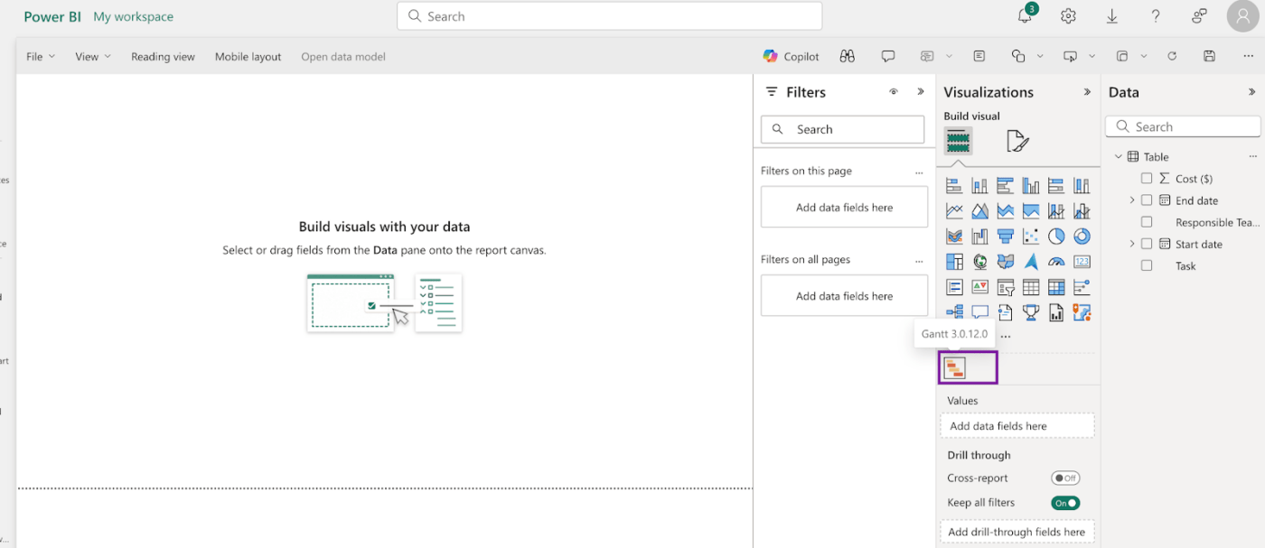 Simbol visualisasi bagan Gantt Power BI pada panel visualisasi