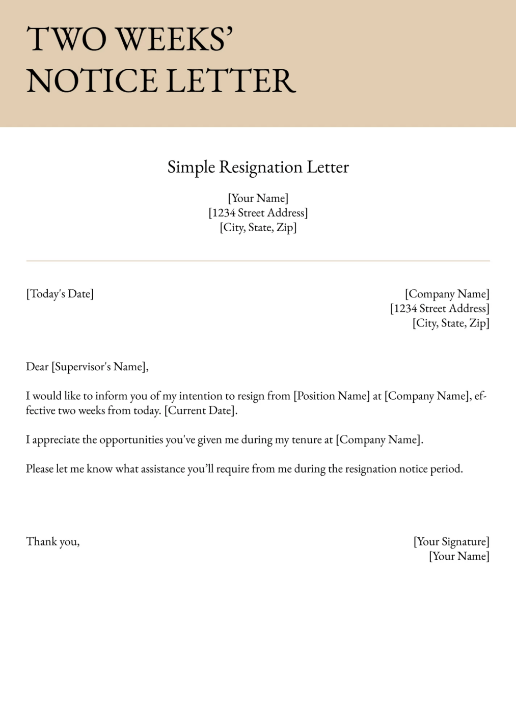 Simple 2 week notice letter template by GDOC