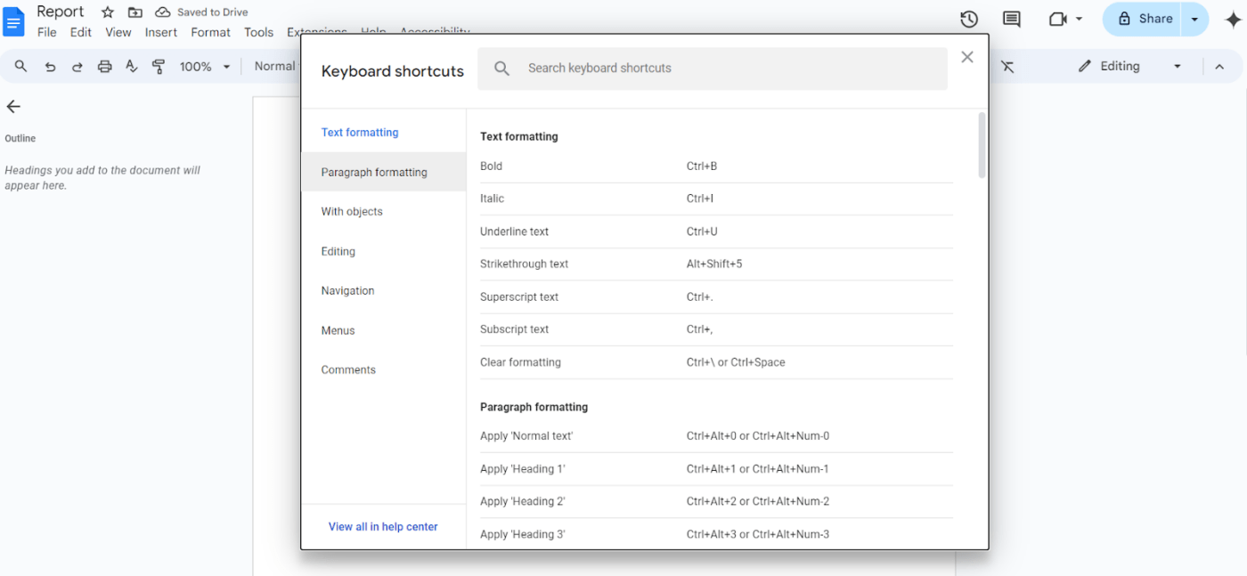 Google Docs keyboard shortcuts list