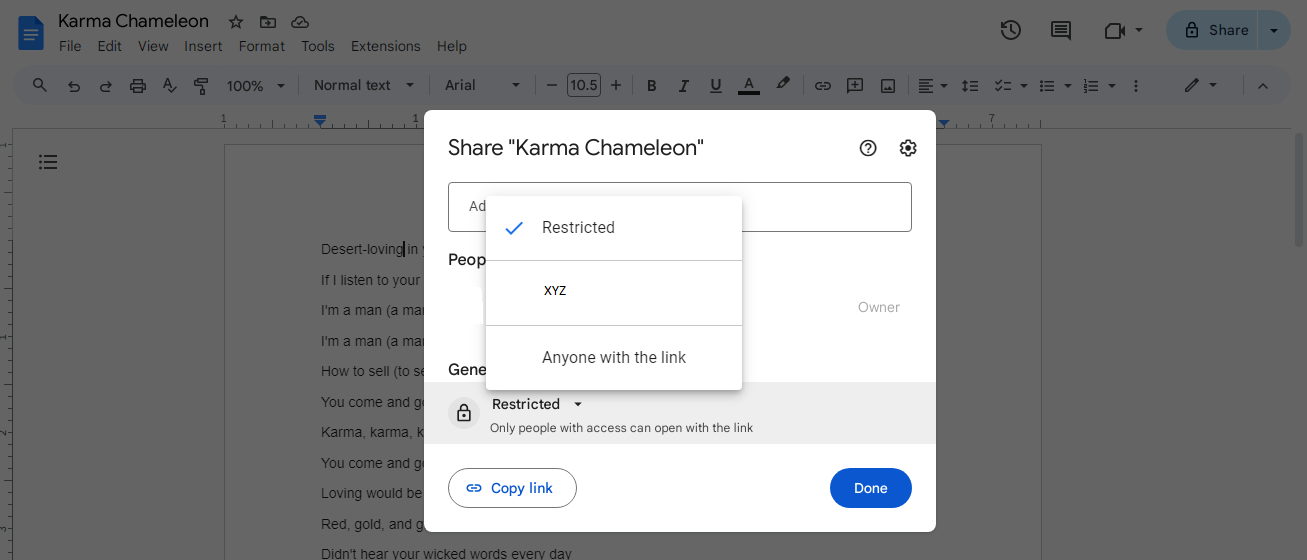 Opções de compartilhamento do Google Docs