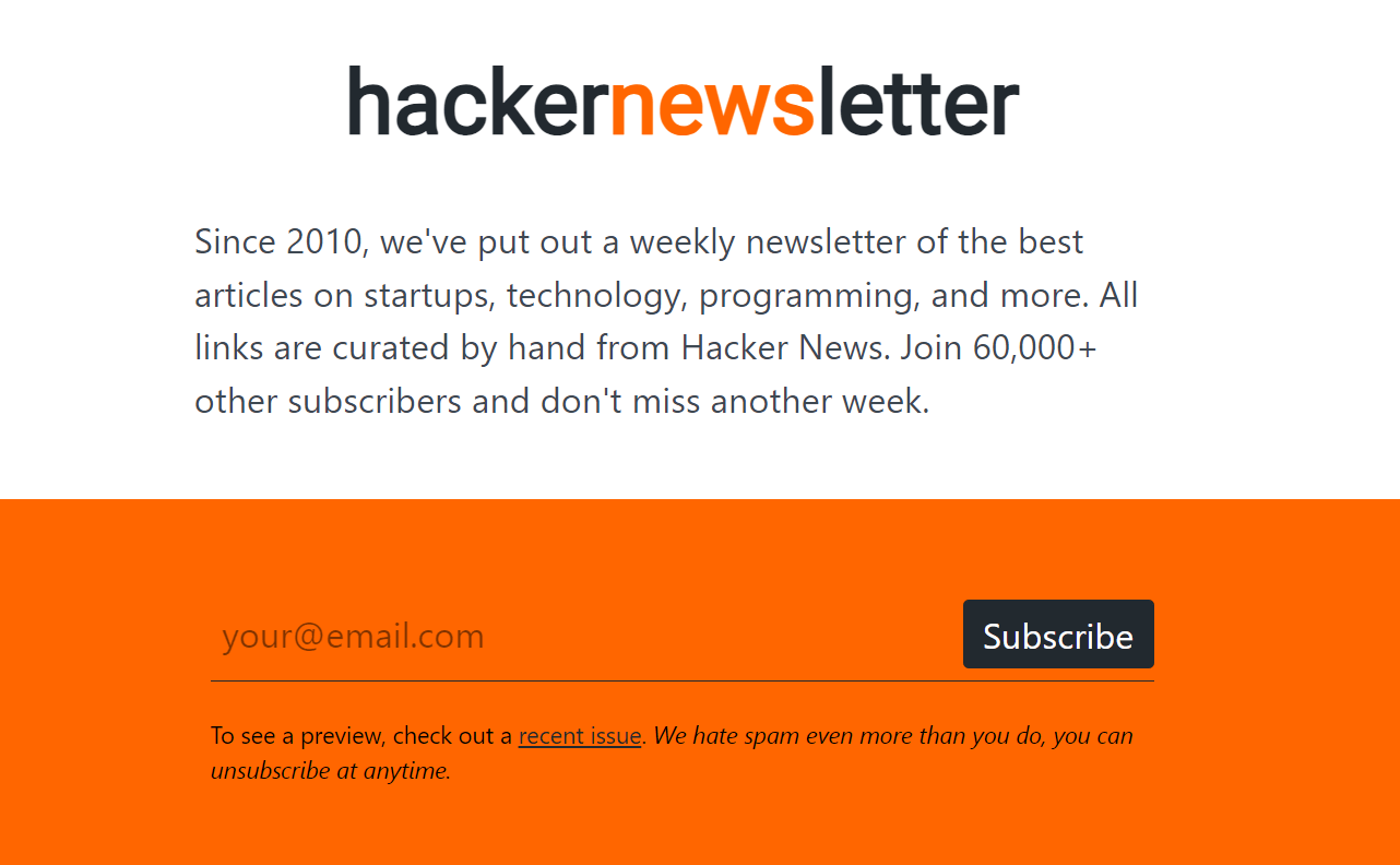 Une capture d'écran de la page d'Accueil de hackernewsletter