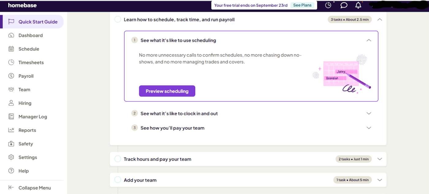 Dashboard del software di turnazione Homebase