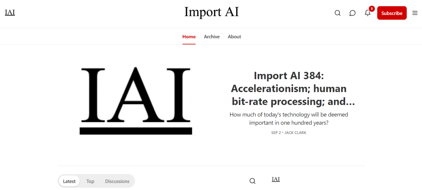 A screenshot of Import AI tech newsletter's home page