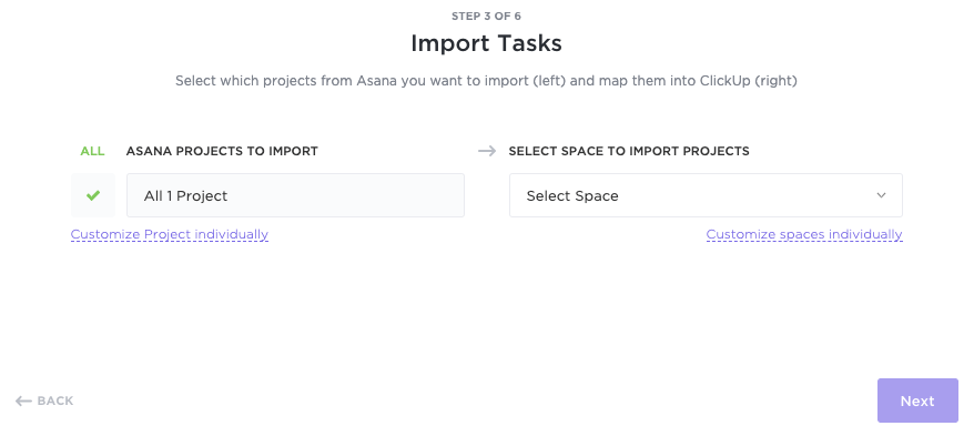 Como exportar da Asana para pastas do ClickUp