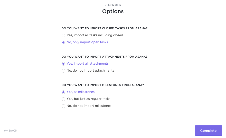 Comment exporter à partir d'Asana et personnaliser les options d'importation de ClickUp