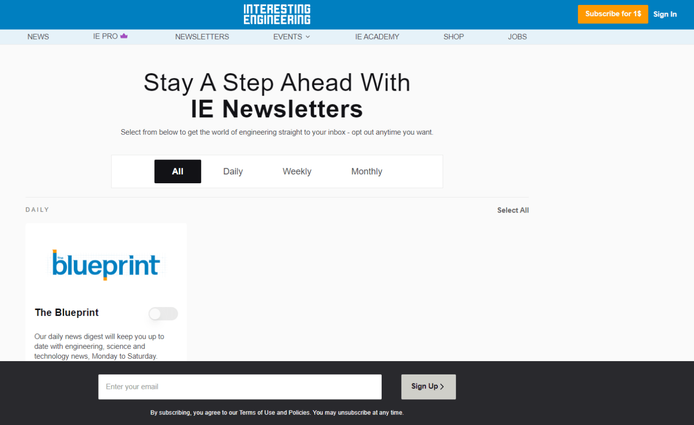 A screenshot of Interesting Engineering tech newsletter's home page