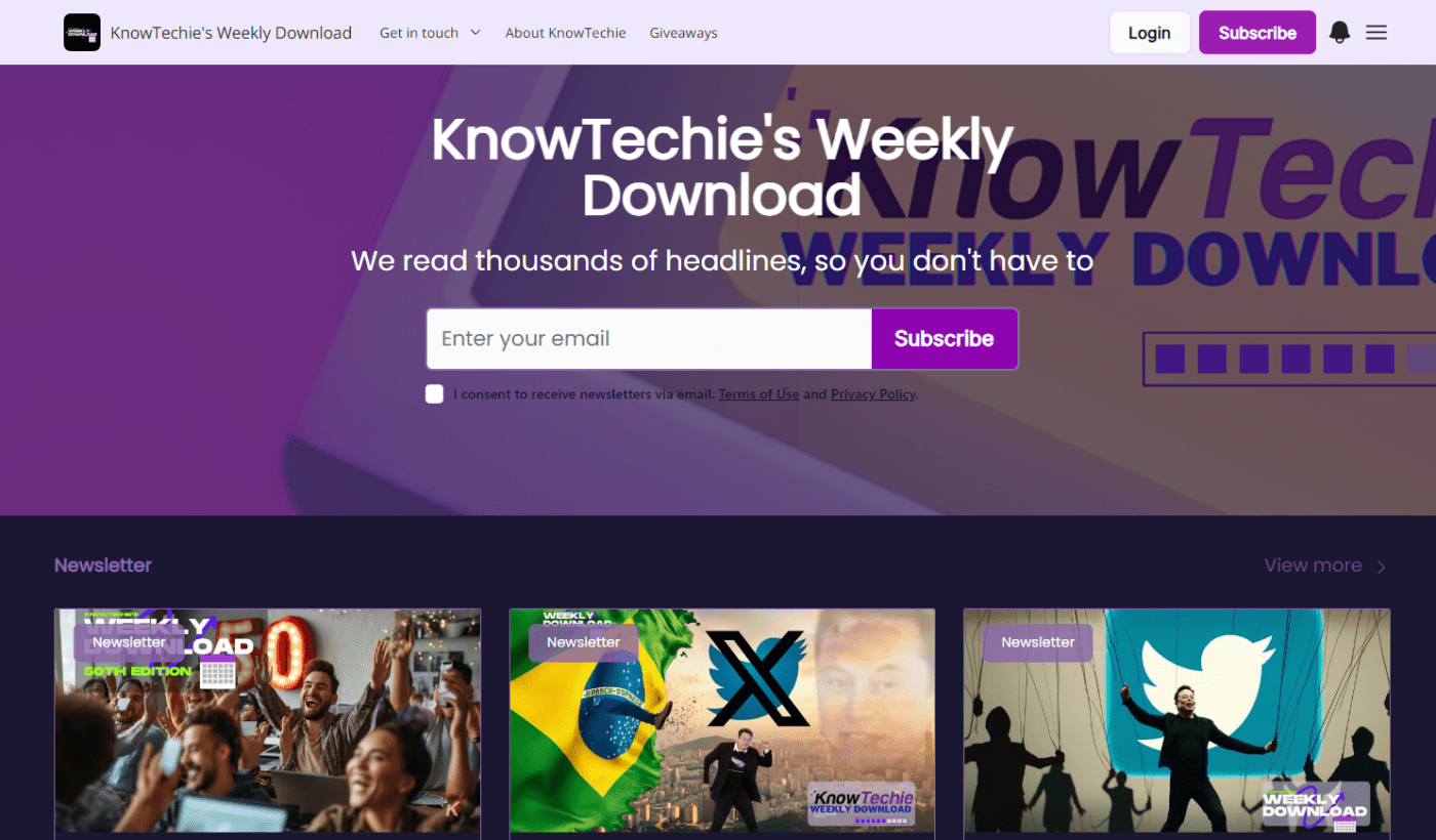 A screenshot of The Weekly Download tech newsletter's home page