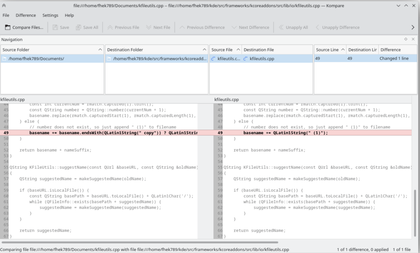 File comparison on Kompare