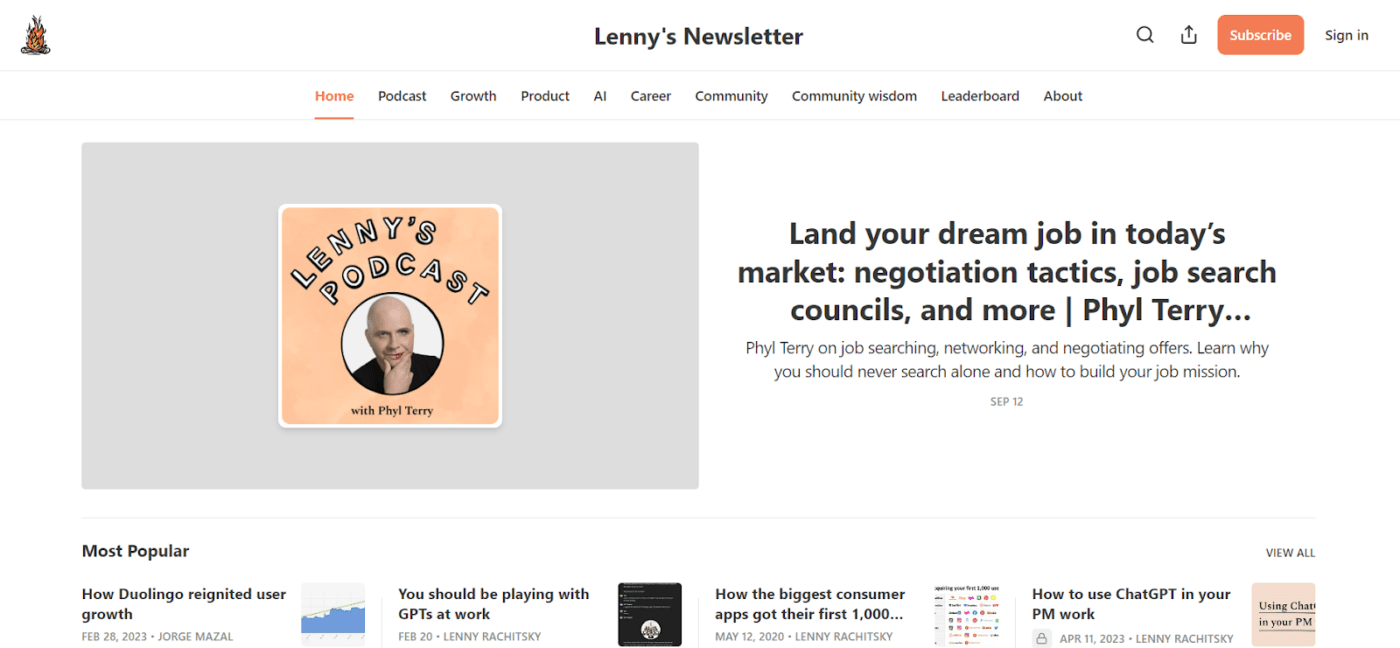 A screenshot of Lenny's Newsletter home page