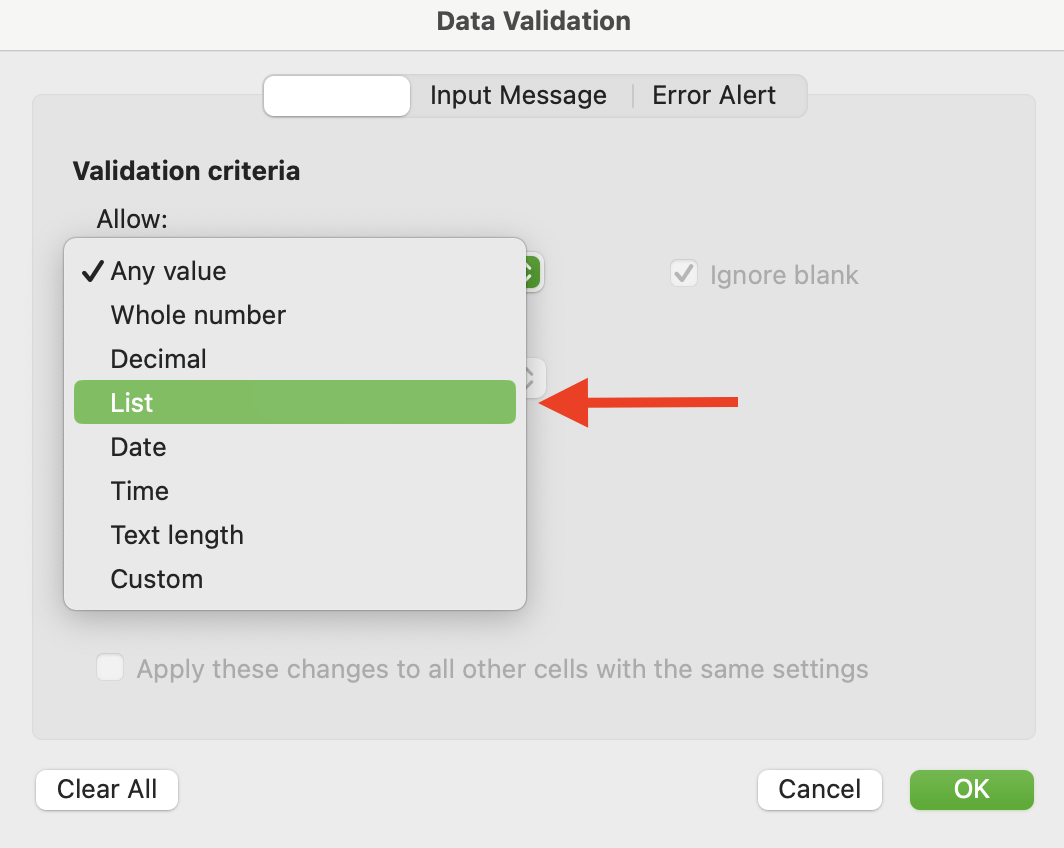 'List' option in the ‘Data Validation’ dialog box in Excel