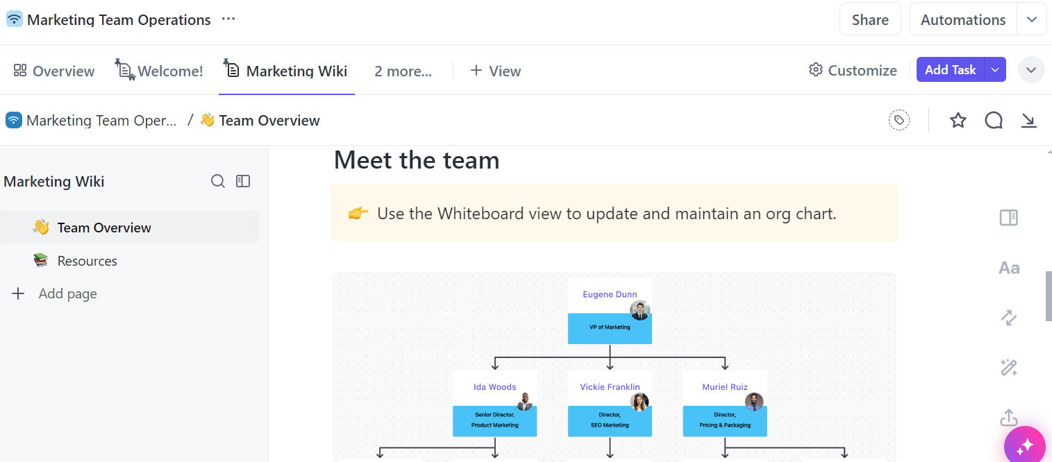 ClickUp's Vorlage für Marketing Team Operations wurde entwickelt, um Ihrem Marketing Team zu helfen, organisiert und effizient zu bleiben.  