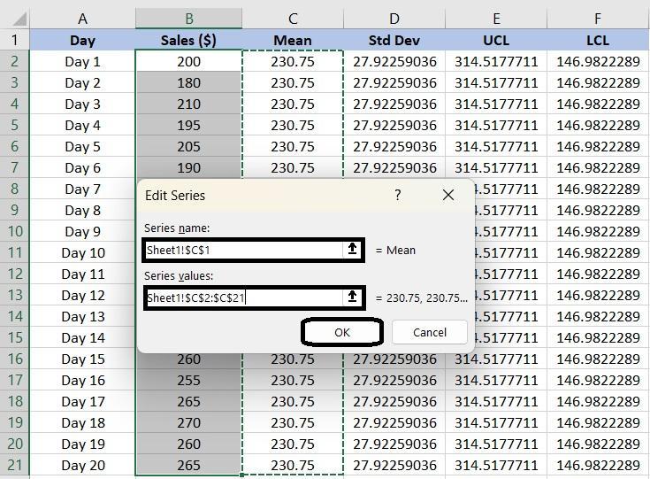 Menambahkan seri data rata-rata ke bagan kontrol di Excel