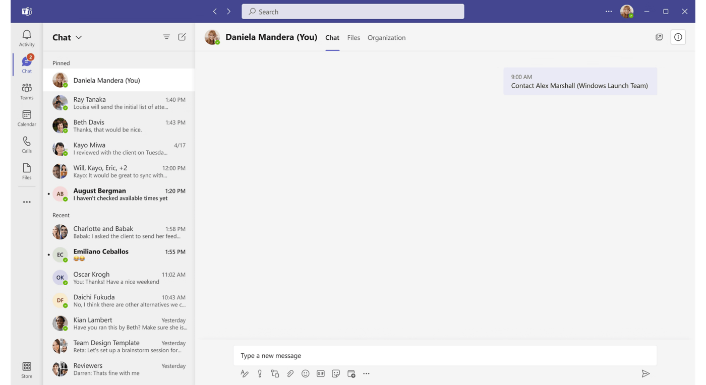 Vista de chat en Microsoft Teams