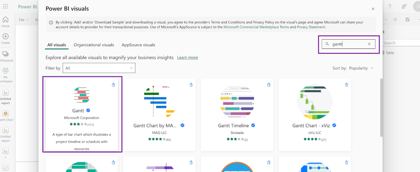 Opção de visualização de Gantt da Microsoft no Visual Search