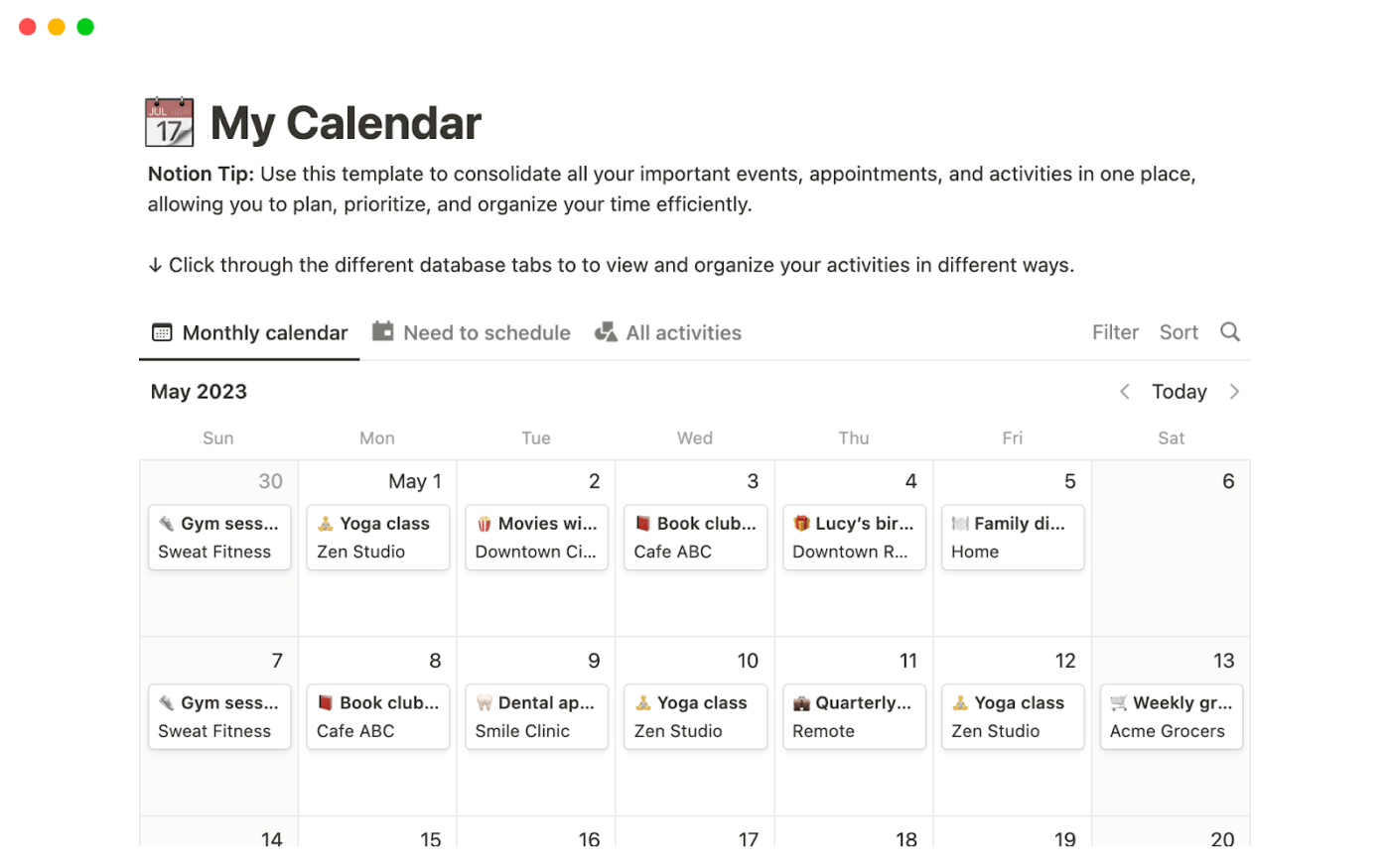 Il mio modello di calendario di Notion