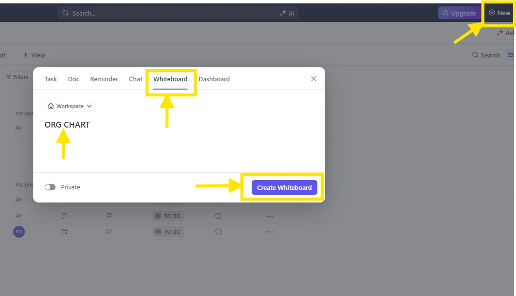 ClickUpで新しいホワイトボードを作成し、組織図を作成する。