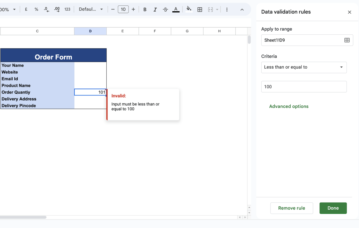 Number data validation rules