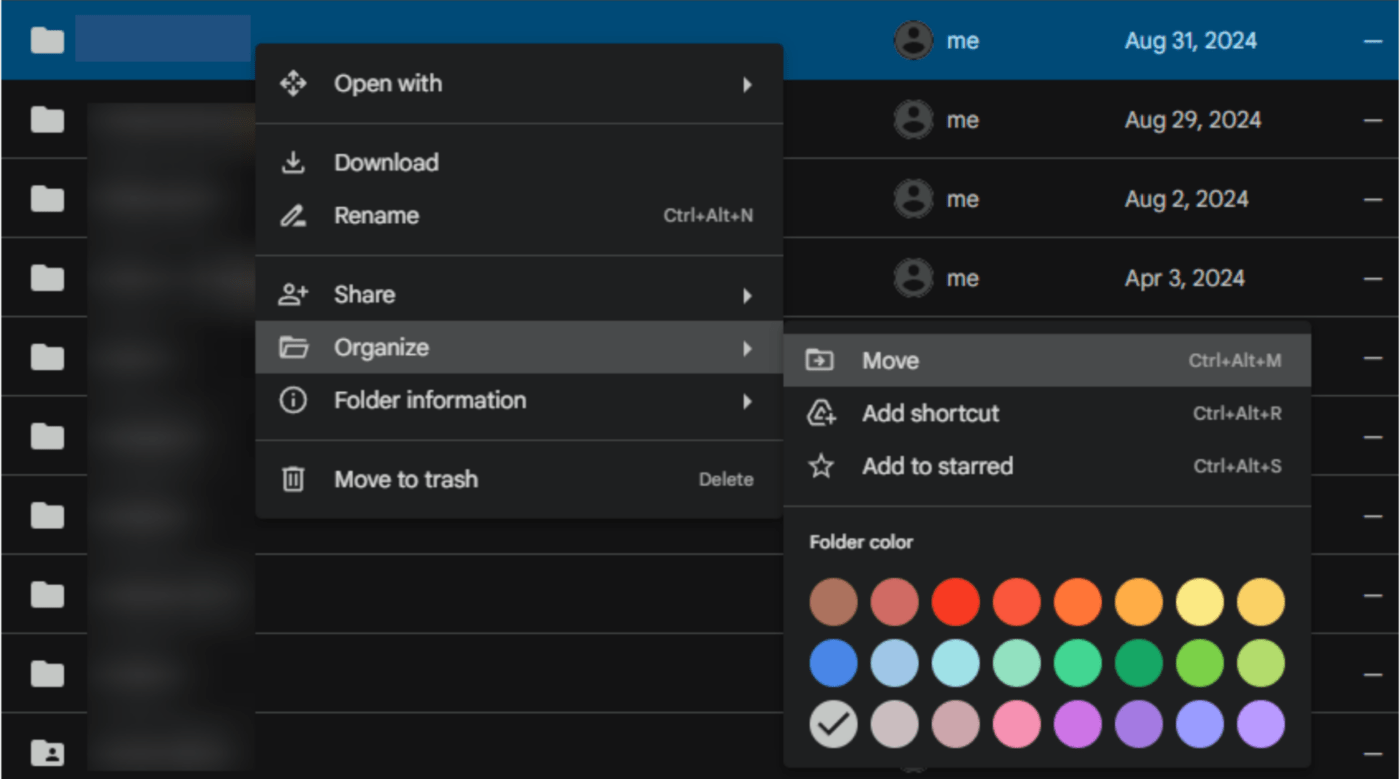 Option "Organisieren" in Google Drive