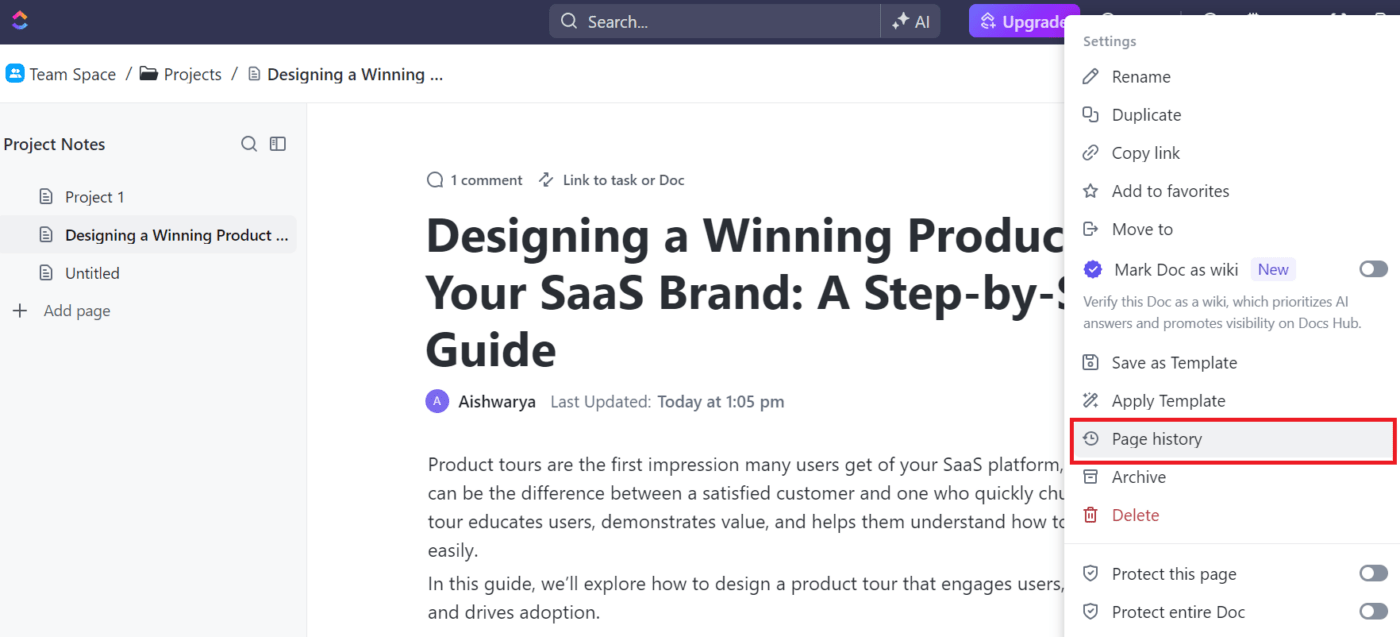 Page history in ClickUp Docs