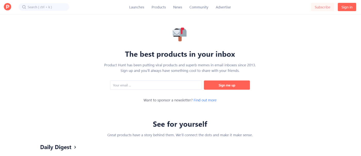 Uno screenshot della pagina iniziale della newsletter tecnologica di Product Hunt