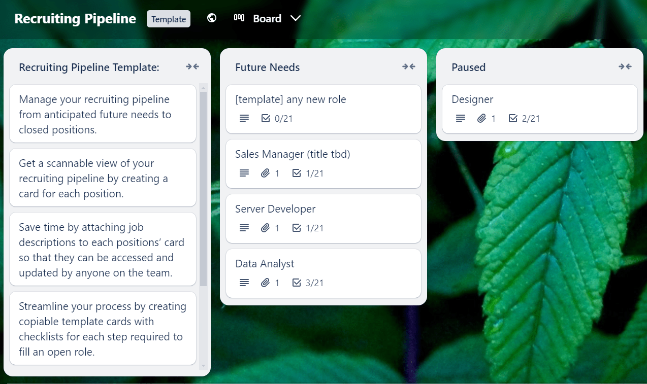 Modèle de pipeline de recrutement par Trello