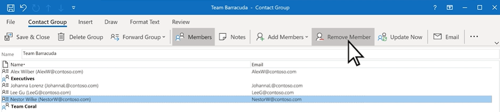 Remoção de um membro do grupo de contatos no Outlook