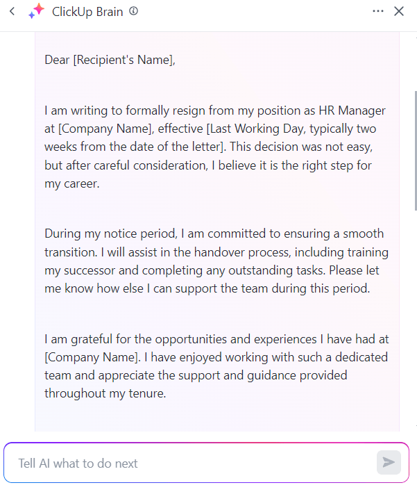 Surat pengunduran diri yang dibuat oleh ClickUp Brain