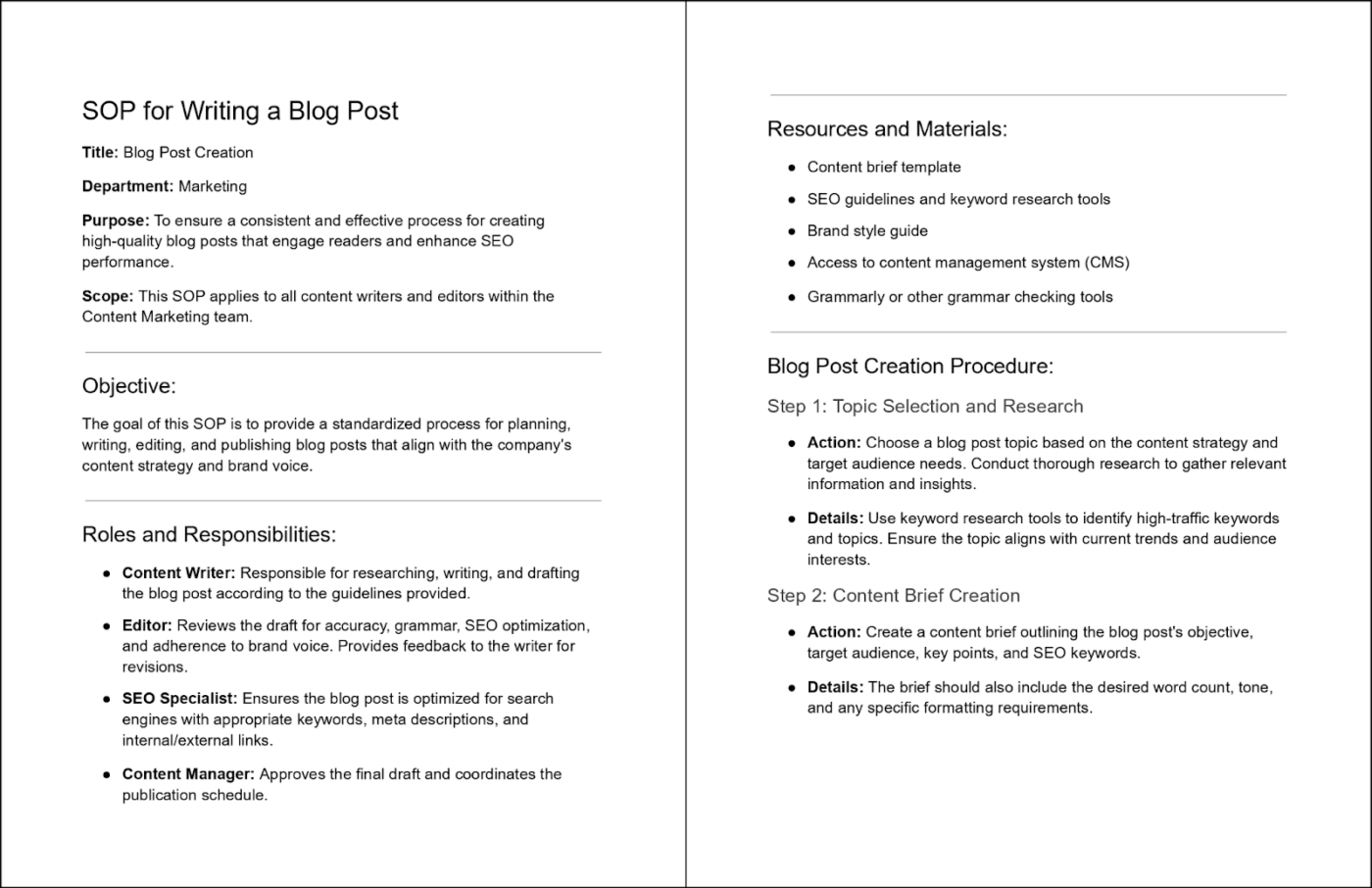 how to write a standard operating procedure (SOP) for a blog post in a hierarchical format