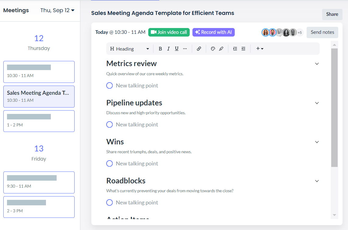 Modelo de agenda de reunião de vendas da Fellow